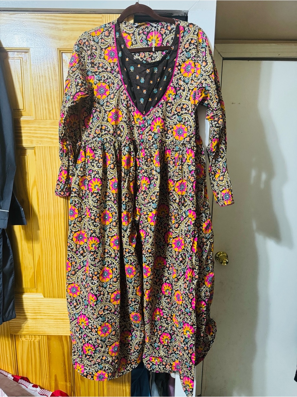 Pakistani Boho Floral V-Neck Maxi Dress in Black with Pink & Yellow Motif